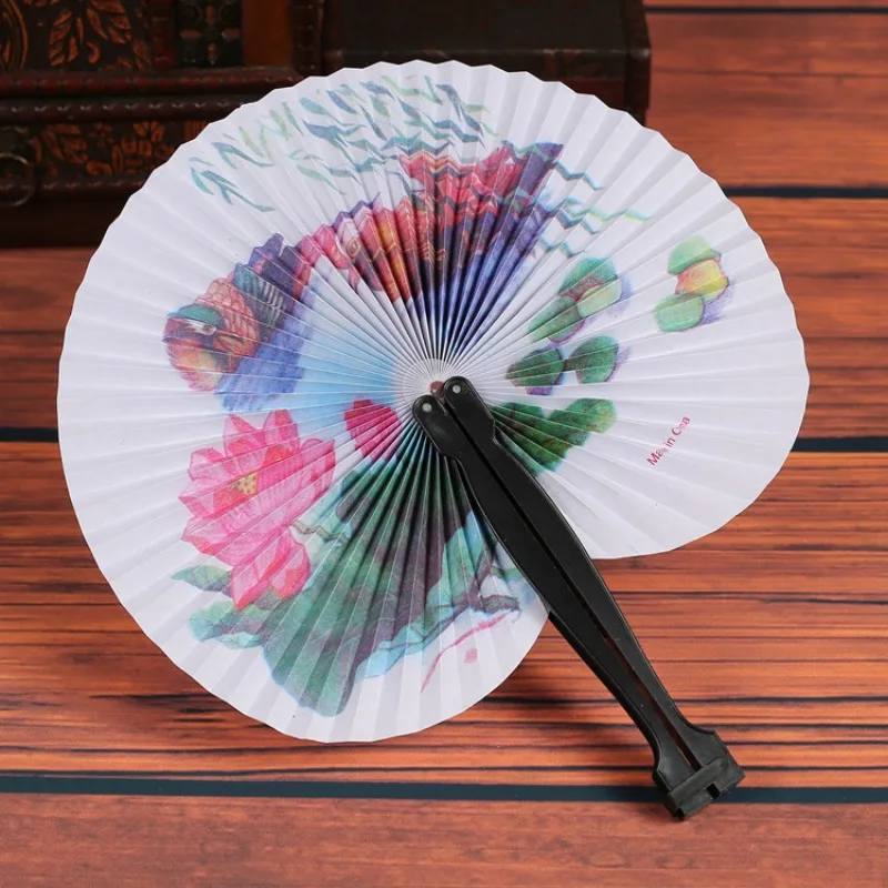 2PCS Foldable Paper Fan Retro Windmill Small Round Paper Color Decor Paper Fan Style Party Hand Gift 1pc Random Fan Printed