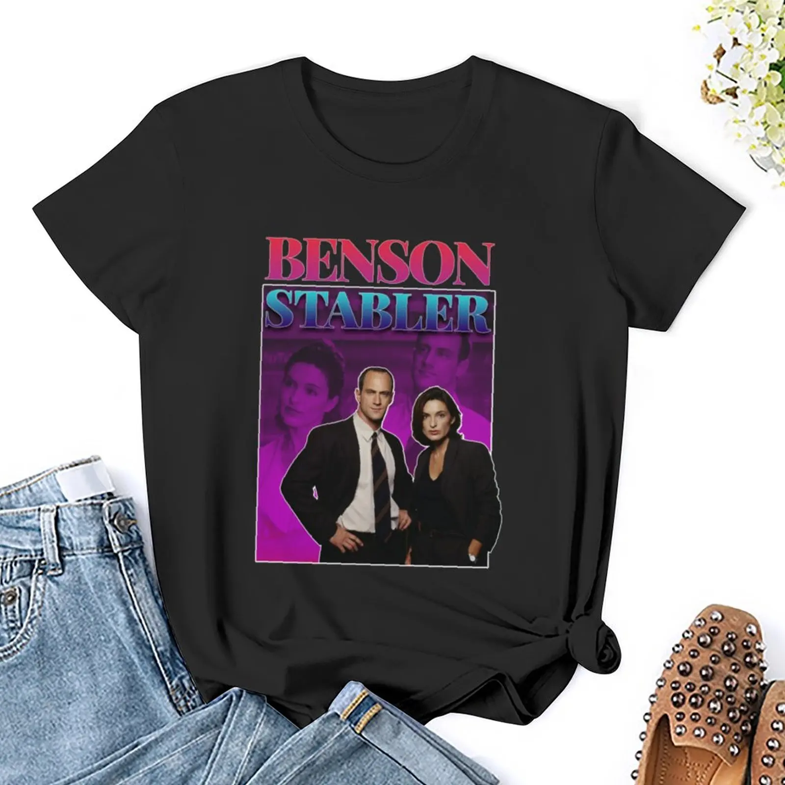 Olivia benson_amp_ Elliot stabler 90s แรงบันดาลใจให้กับเสื้อยืดเข้ารูปเสื้อผ้าหน้าร้อนย้อนยุคเสื้อกราฟิกเสื้อยืดผู้หญิง