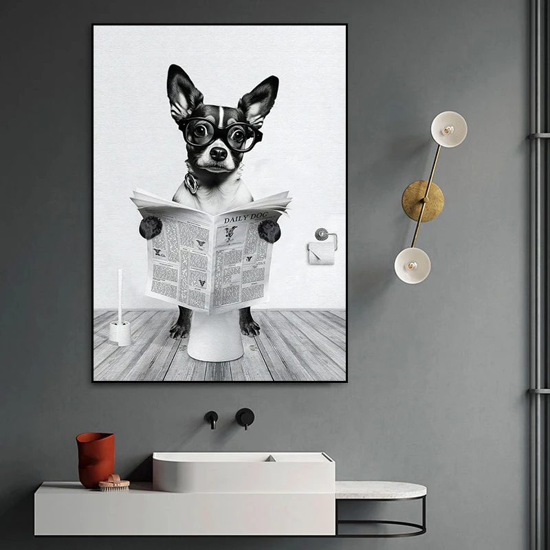 

Cute Animal Dog Reading Newspaper Poster Prints Canvas Painting Modern Wall Art Picture for Bathroom Toilet Home Decoration