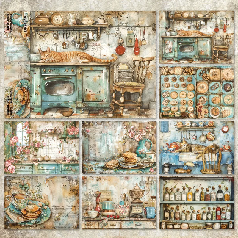 Vintage Rustic Kitchen Ginger Cat Baking Floral Old Script Collage Background Scrapbook Paper Junk Journal DIY Craft Cardmaking