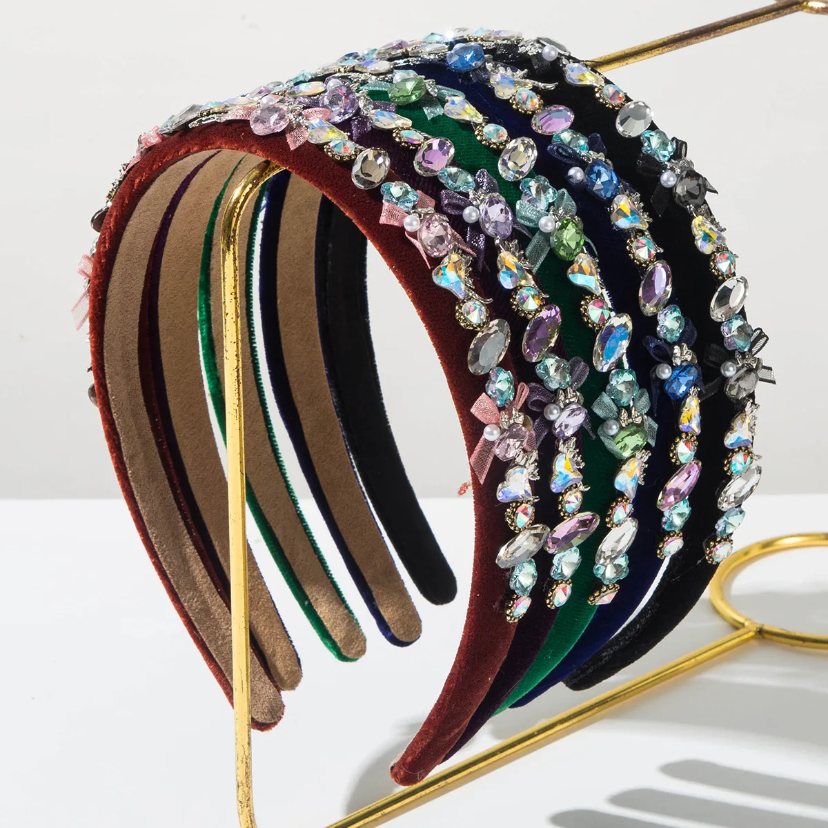 

Fashion French Simple Glass Inlaid Thin Edge Headband for Women Vintage Velvet High-end Hair Accessory