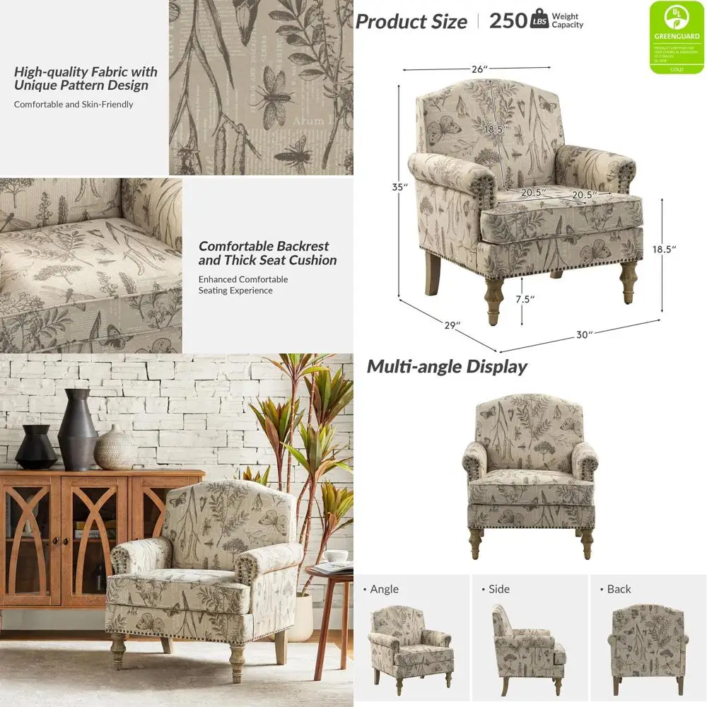 

Upholstered Accent Armchair with Print, Comfortable Living Room Chair with Vintage Wooden Legs and Nail Trim, Grey Sofa Chair fo