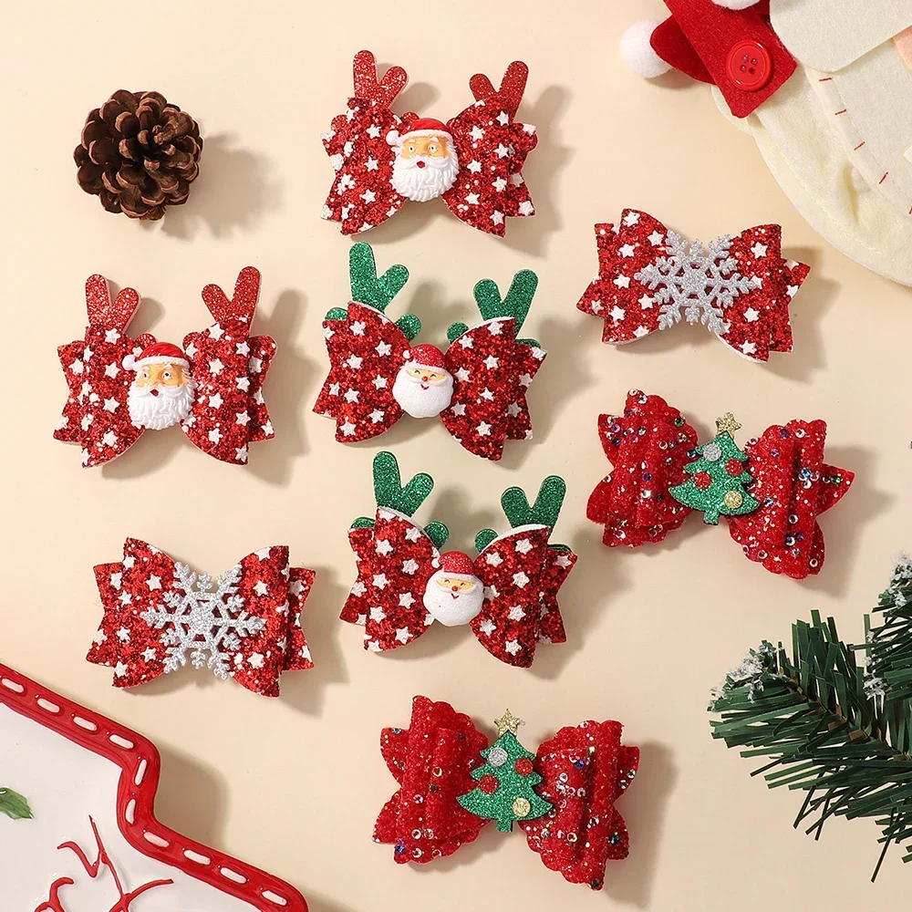 New Chritsmas Hair Bows Hair Clips for Sweet Girls Hair Accessories Lucky New Year Red Santa Claus Holiday Partys Ornaments