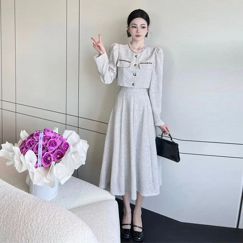 Winter Women\'s Temperament Small Fragrant Style Round Neck Short Suit Jacket High Waisted Long Skirt Comfortable Two-piece Set