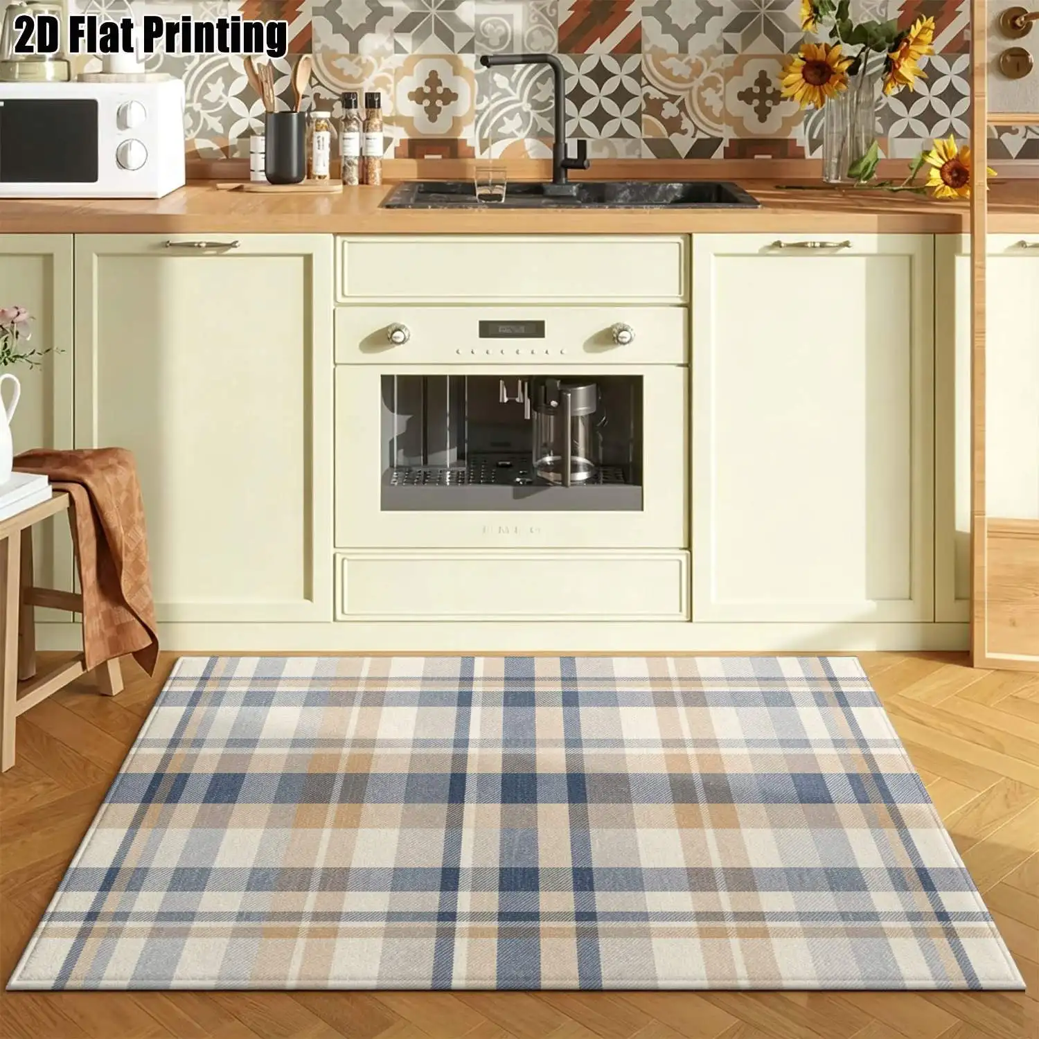 1Pc 2D Printed Checkered Nordic Carpet, Blue & Brown, Modern Simple Home Decor, Multi-Size Machine Washable, for Entrance, Dining, Foyer, Study, Living Room, Bedroom