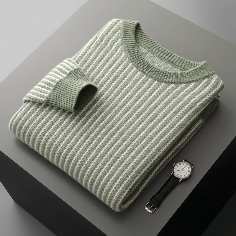 100% Pure Wool Men's Round Neck Striped Sweater Loose Casual Knit Bottoming Cashmere Sweater Thick Warm Top