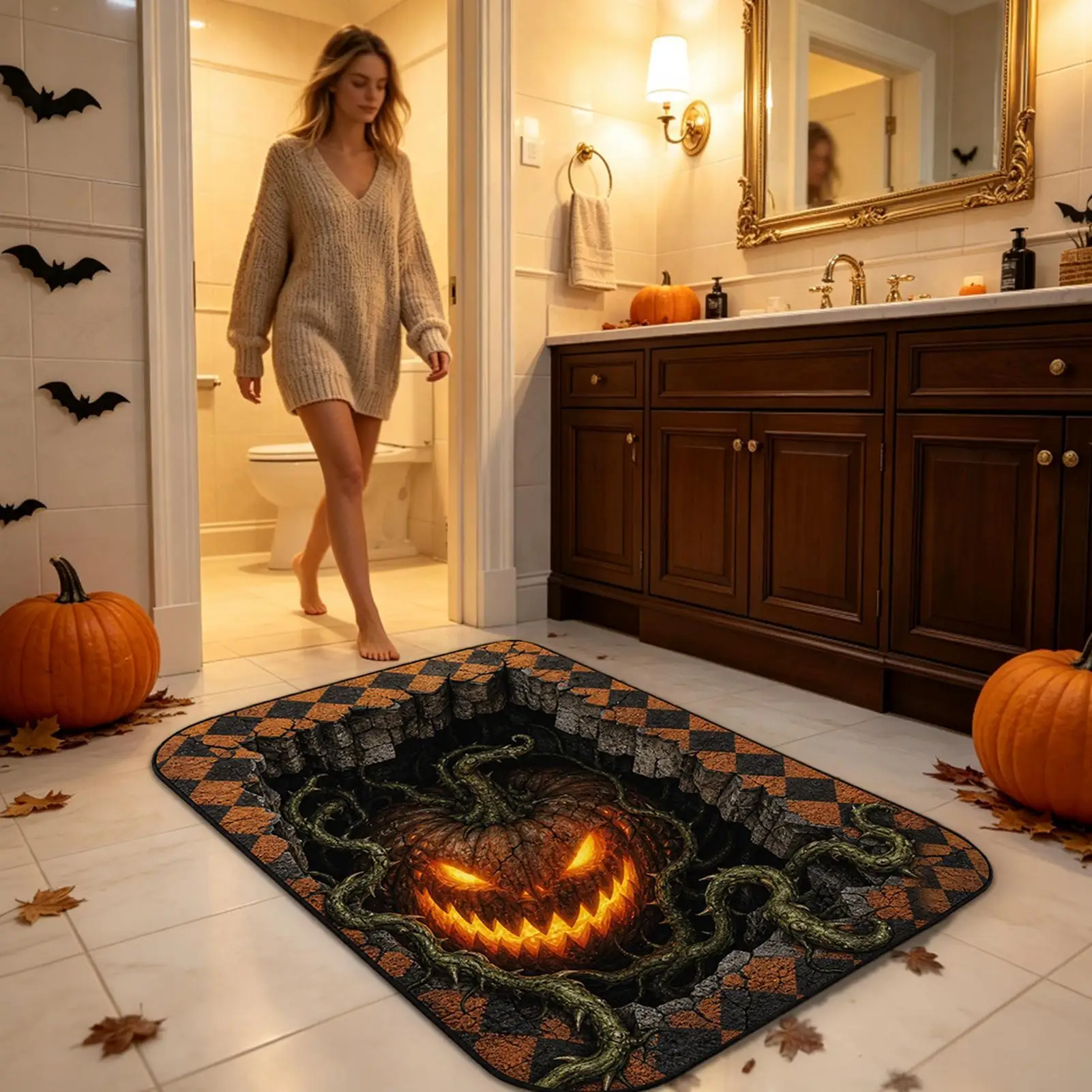 Halloween Area Rug Illusion Gothic Soft Non-Slip Holiday Carpet Halloween Optical Illusion Rug For Bathroom Bedroom Living Room