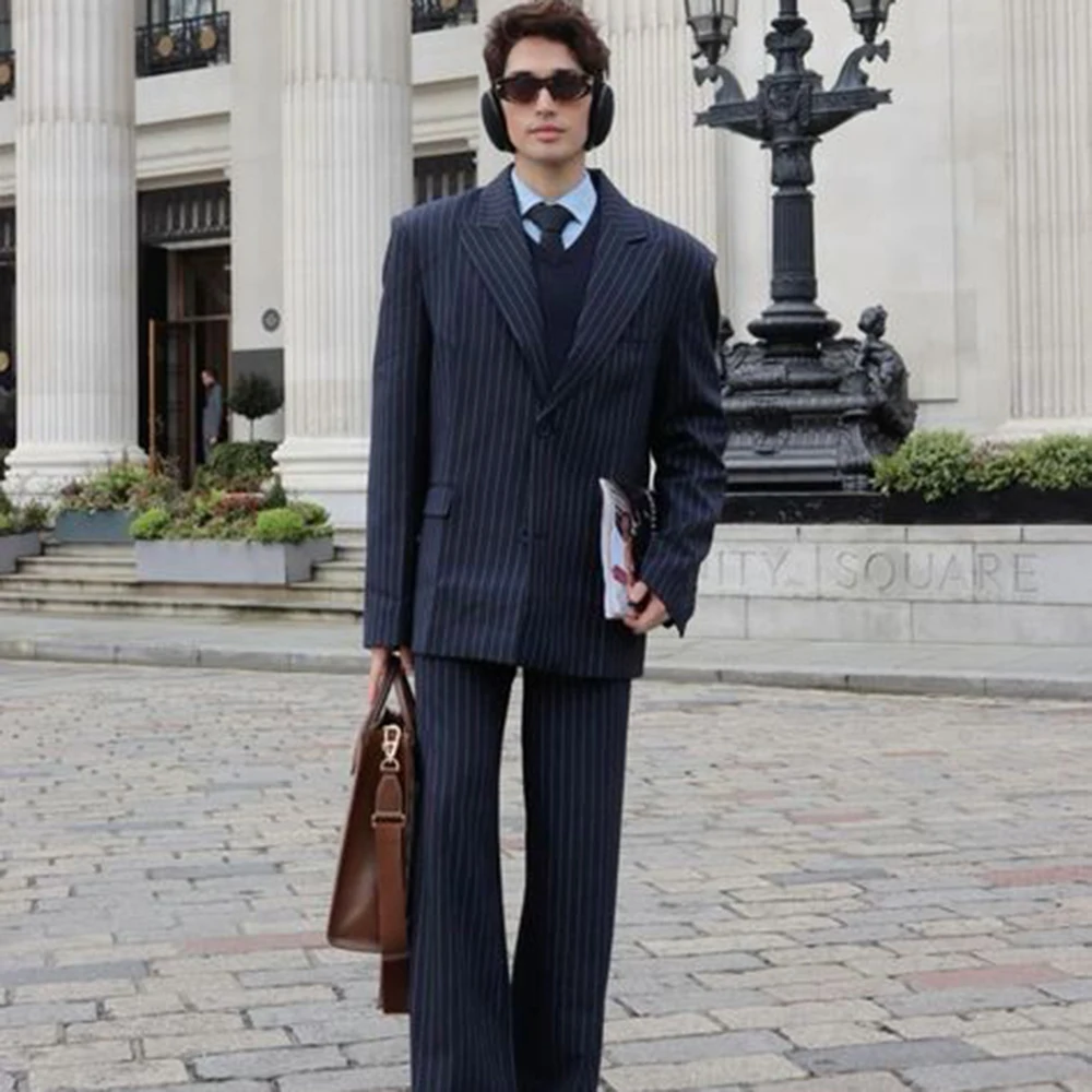 

Simple Men's Stripes Navy Blue Suits 2 Piece Jacket Pant Sets Single-Breasted Peak Lapel Party Buisness Office Male Outfits