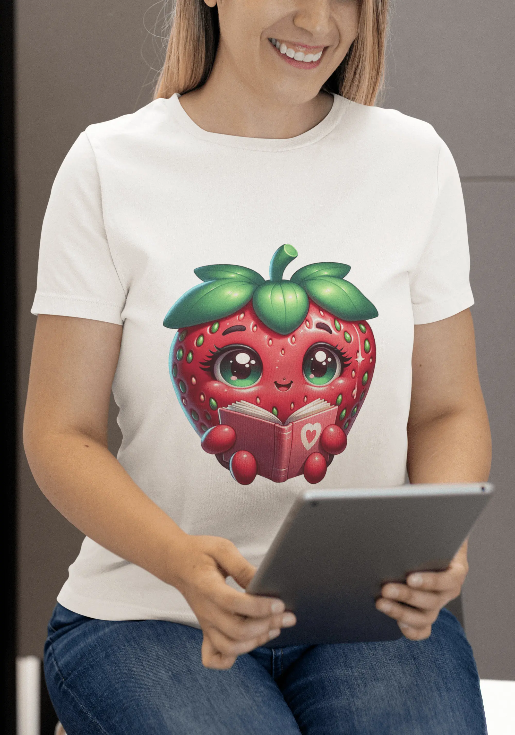 Whimsical Strawberry Character Reading Book T Shirt Cute Fruit Top for Bookworms Teachers and Casual Wear Idea