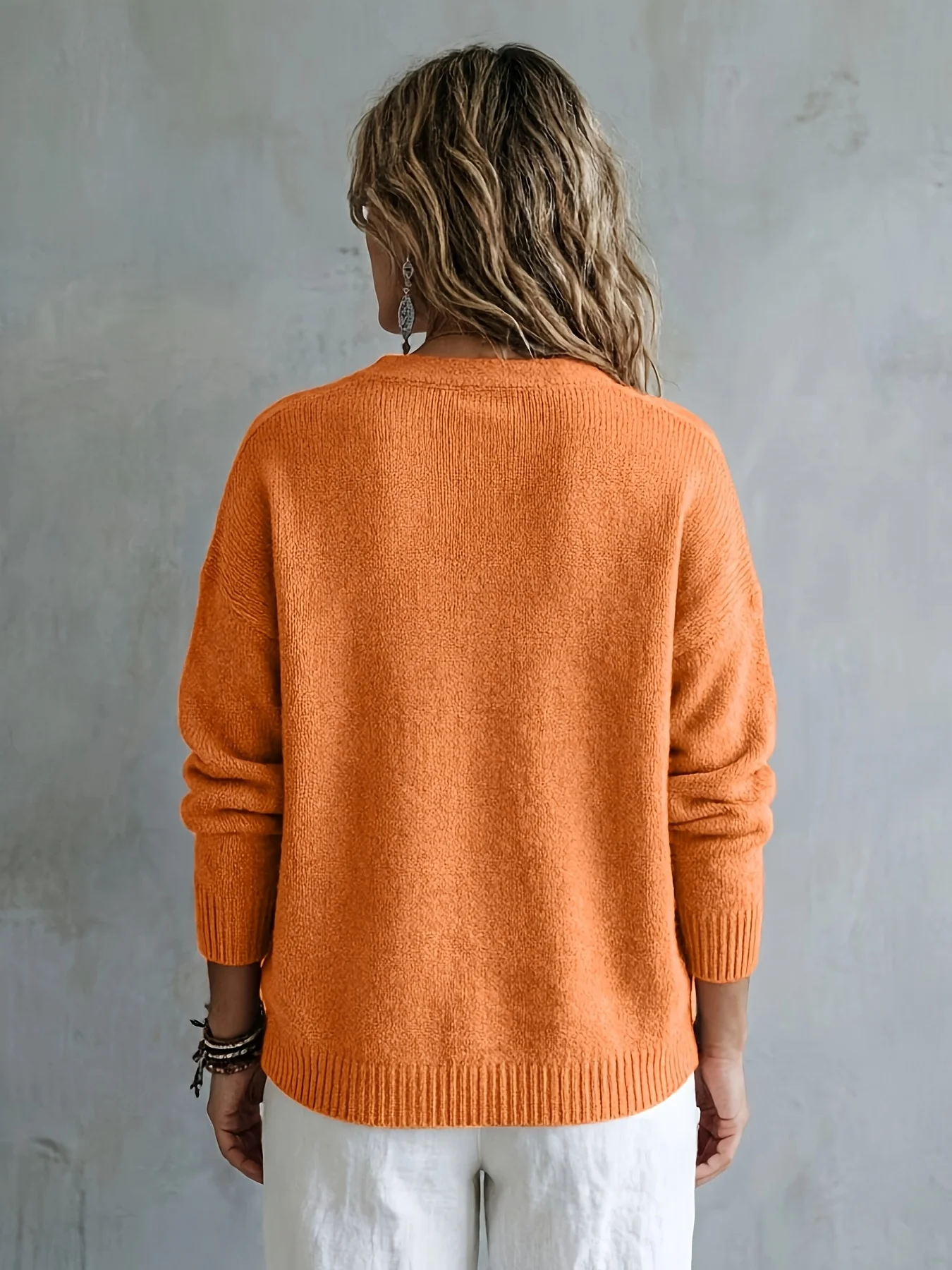 Picture 3: Women's drop shoulder design half-open placket ribbed trim knitted top, casual Bohemian style, autumn and winter style