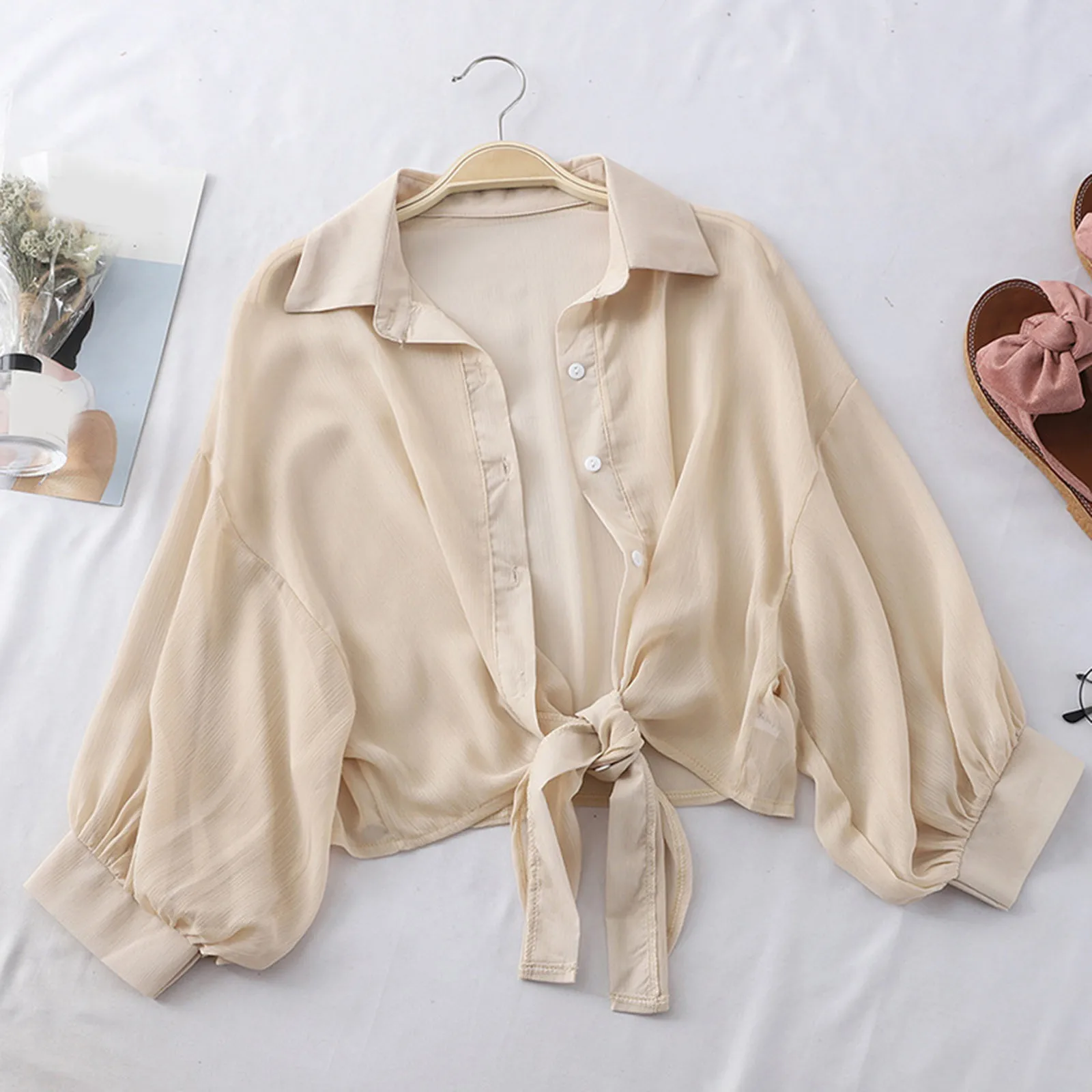 

Chiffon Shirts Women 2020 Summer Half Sleeve Buttoned Up Shirt Loose Casual Blouse Tied Waist Elegant Blouses For Women