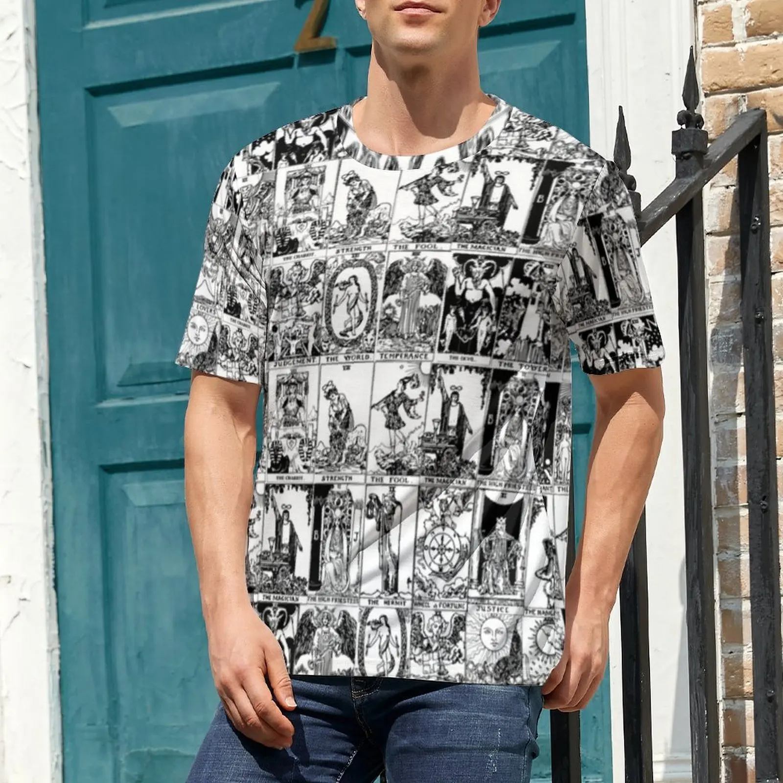 Plus Size T-Shirt Summer Black And White Tarot T Shirts Major Arcana Classic O Neck Tee Shirt Men Trending Pattern Clothing