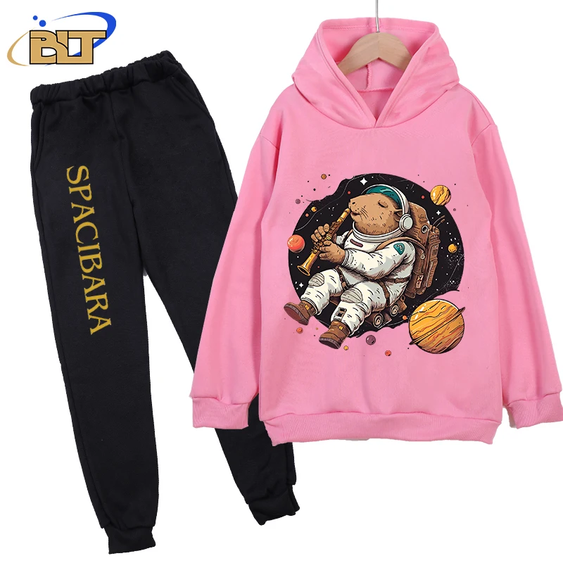 Capybara astronaut print kids hoodie set pink sweater pants 2-piece set autumn and winter children's clothing for girls