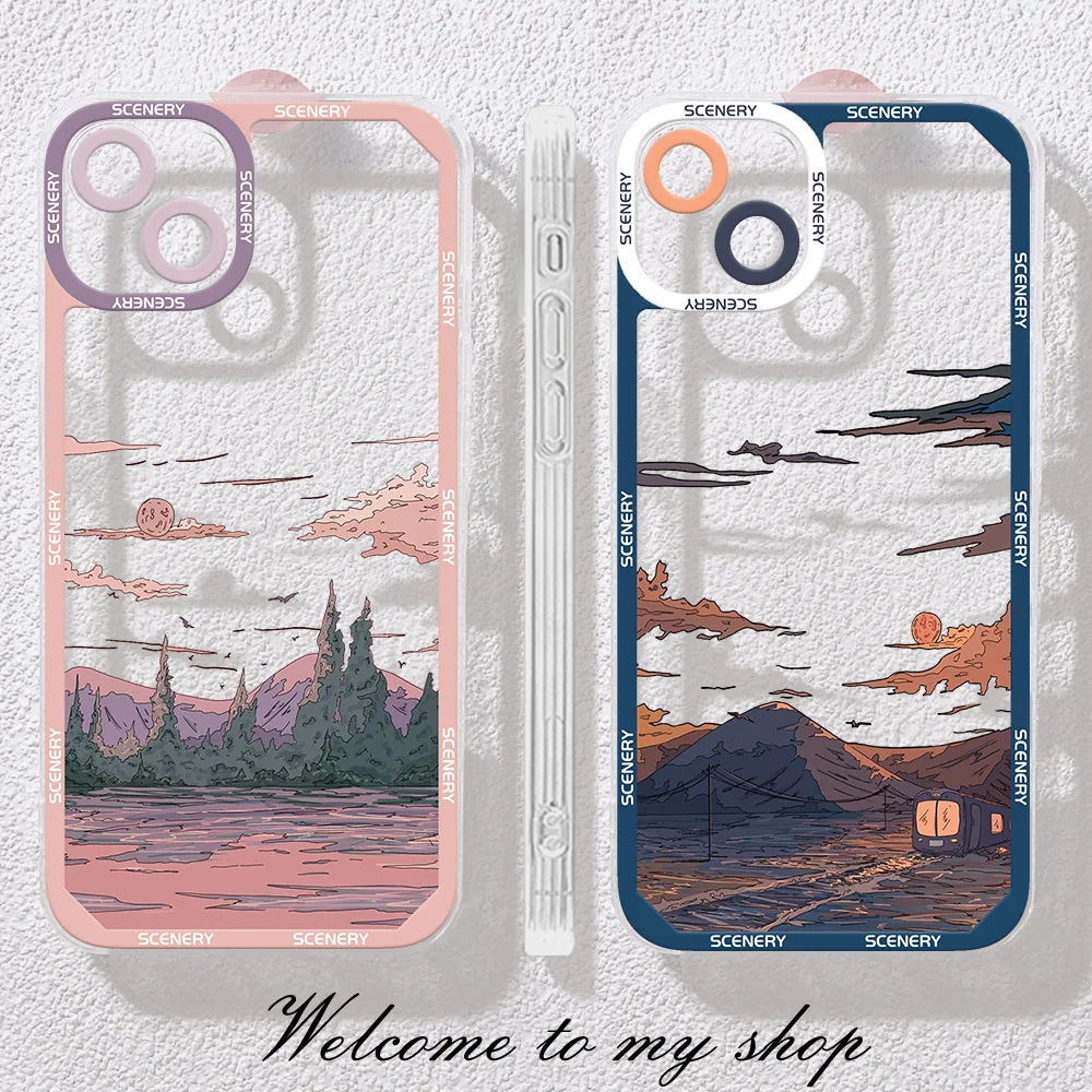 Anime Scenery Sunset Phone Case For iPhone 14 13 12 11 15 Pro Max XS X XR SE 2020 7 8 Plus Clear Landscape Cover Iphone11 Capa