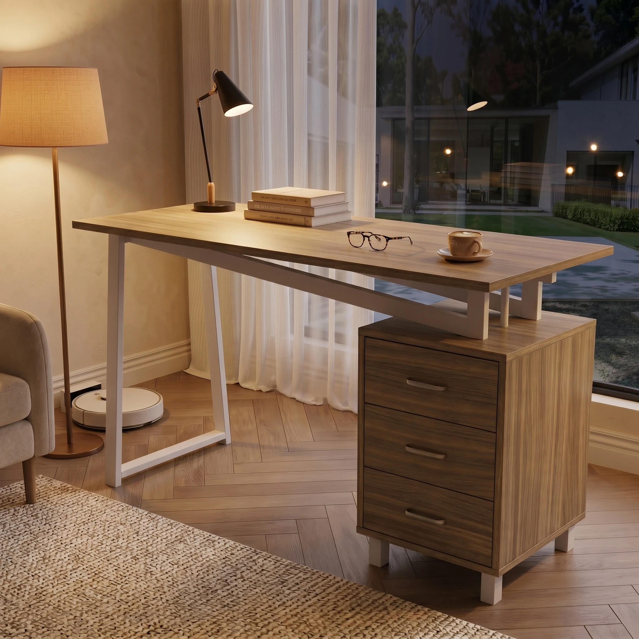 Bureau d'ordinateur en bois blanc 130×55×75 cm avec tiroirs de rangement, bureau en MDF haute densité avec barre de support triangulaire, assemblage facile