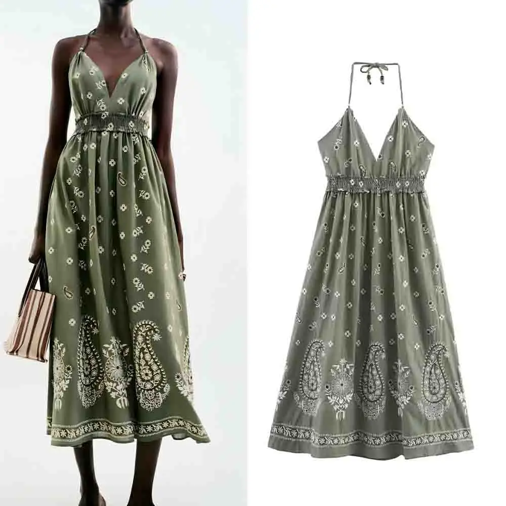 

Women's new fashion backless bow design embroidery hanging neck MIDI dress retro sleeveless women's dress