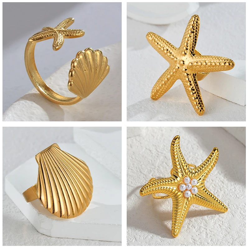 Beach Ocean style Stainless Steel Shell Starfish Rings Women Vintage Gold Color Open Adjustable Rings Jewelry Wedding New Trendy