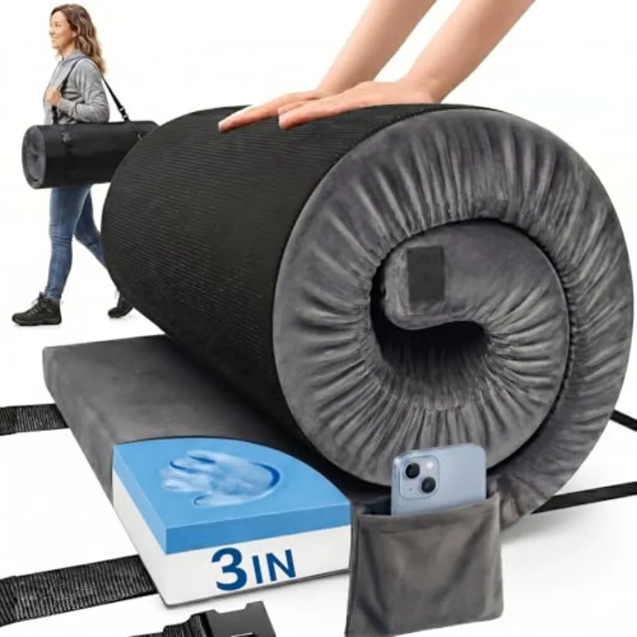 Camping Mattress Pad for Outdoor Use, Memory Foam with Non-Slip Bottom and Washable Cover, Gray, 3-Inch Thickness for Superior