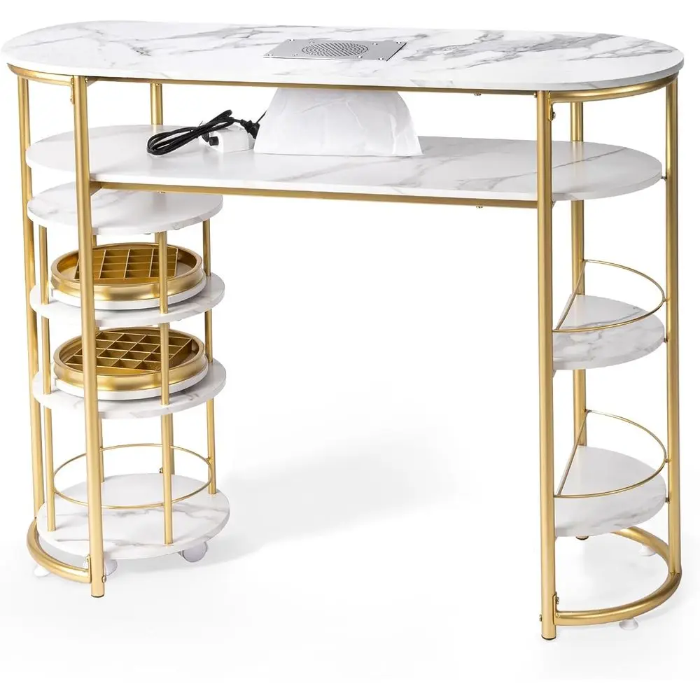 

White Marble Manicure Table with Dust Collector, Rolling Storage Cart, and Beauty Makeup Station