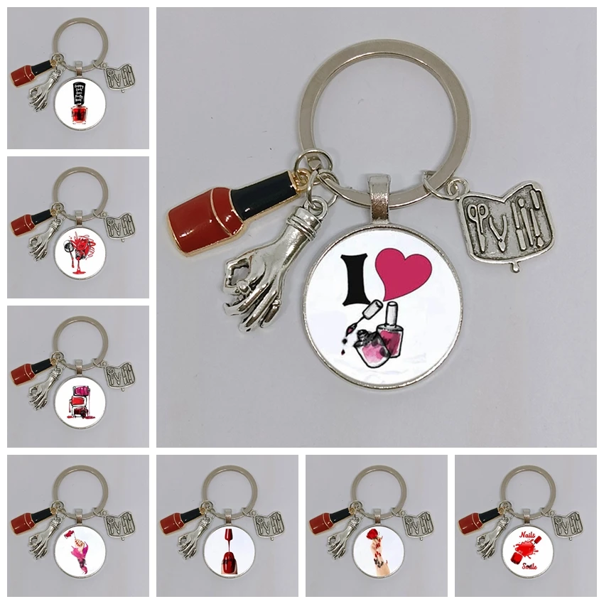 Popular Jewelry Glass Pendant Metal Keychain Nail Polish Creative Graphics and Text Fashion Gift