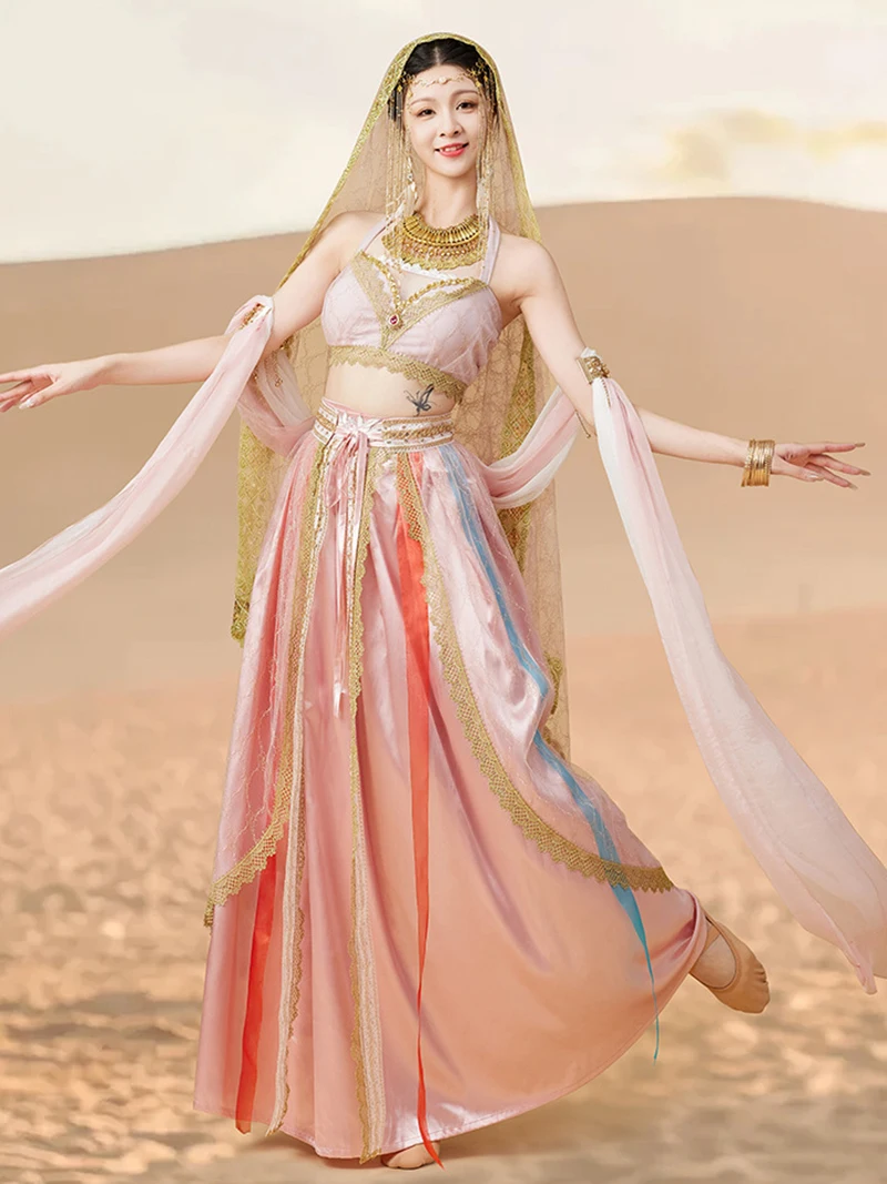 Pink Adult Women Classical Dance Costumes Flying Dance Western Regions Princess India Exotic Dancewear Performance Clothes