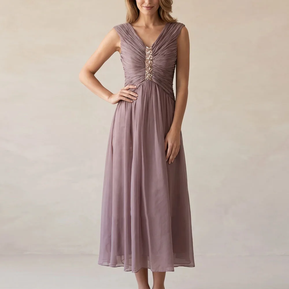 Mother of The Bride Dress Sleeveless V Neck Customized Crystal Gem Decoration A Line Chiffon Wedding Guest Gowns Party Dresses