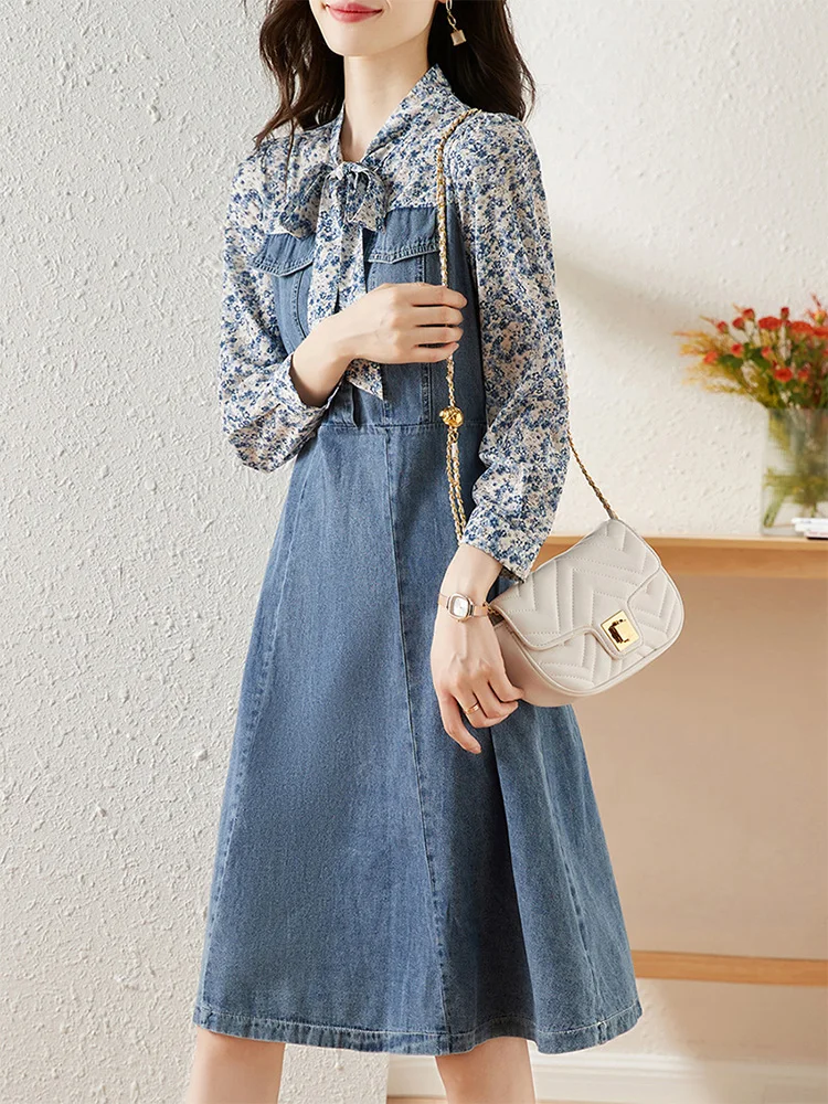 Vintage Floral Print Patchwork Denim Dress for Women 2023 New Spring Summer High Waist Elegant Office Lady Jean Dresses