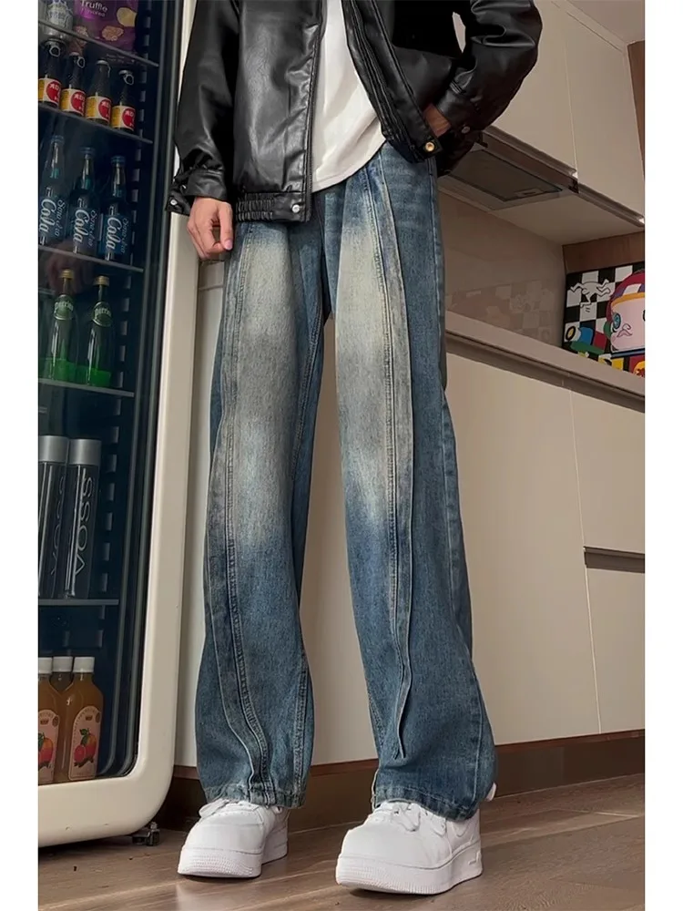 

Американские джинсы High Street с уникальным деконструированным дизайном, темно-синие, мужские, универсальные, свободного прямого кроя, слегка расклешенные, длинные.