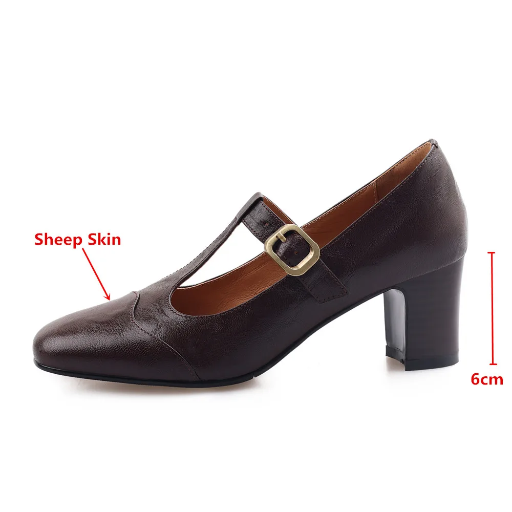 Aucegi Brand Design Womens T-Strap Round Toe Mary Jane Pumps Vintage Genuine Leather Buckle Chunky Heels Costume Dress Shoes