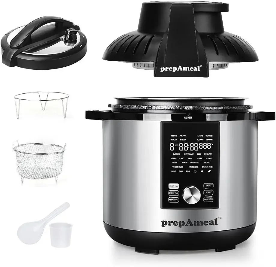 prepAmeal 8Qt Pressure Cooker & Air Fryer Combo with Pressure Lid and Air-Fry Lid - 7-in-1 cooking Modes, Easy Read LCD Display