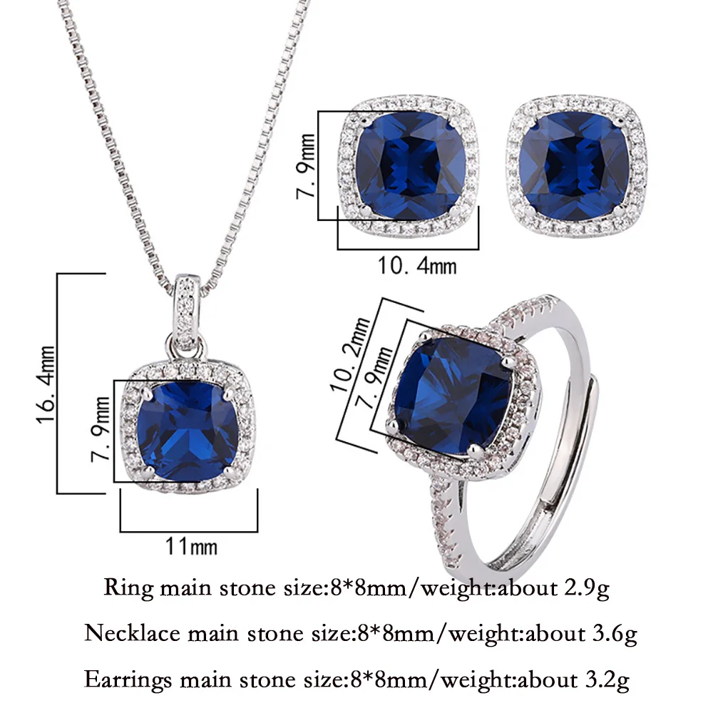 Vintage Square 8*8mm Sapphire Gemstone Necklace Pendant Ring Earrings Party Fine Jewelry Set for Women Accessories Birtyday Gift