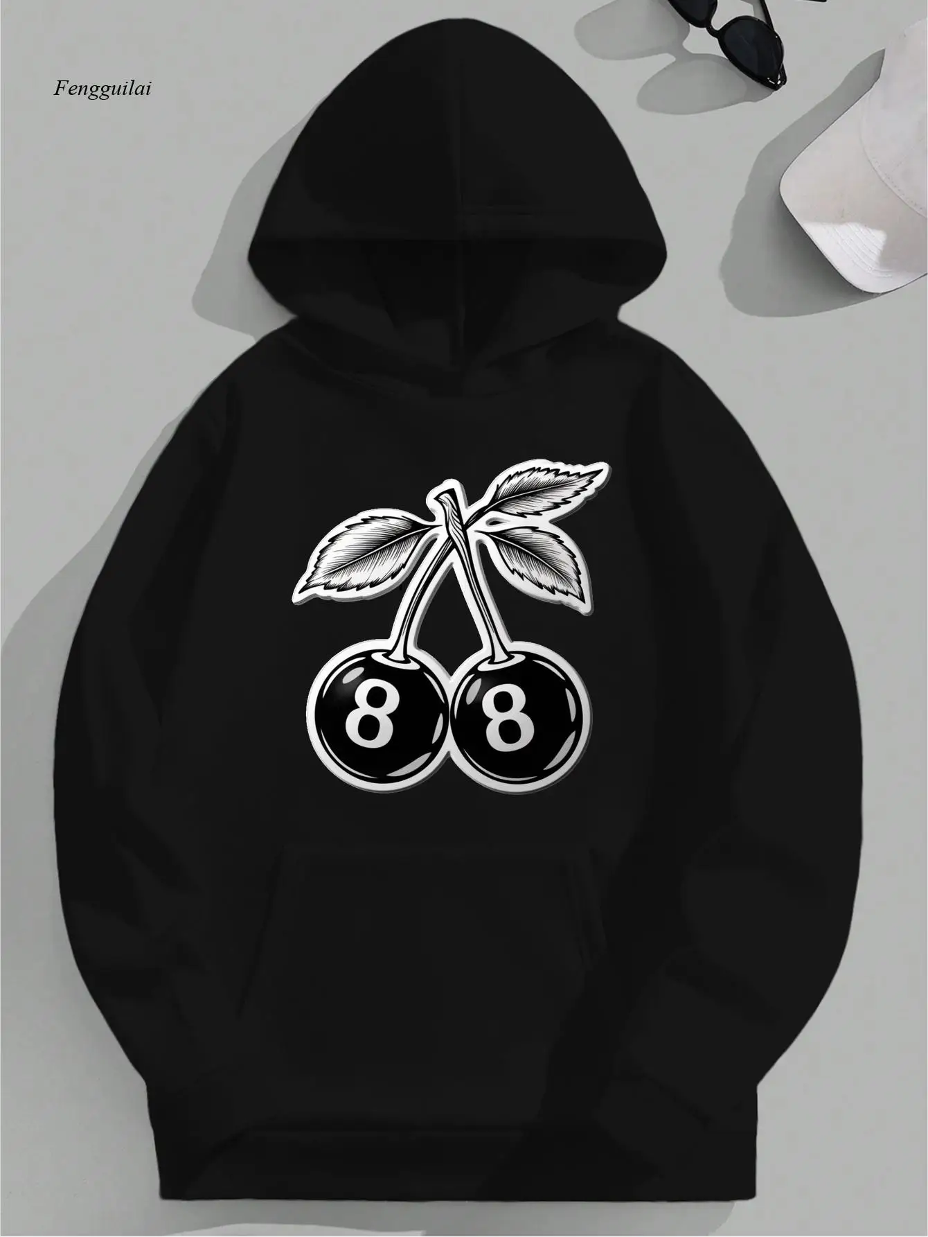 

Толстовка с капюшоном — яркое красное вишневое дерево и графикой 8 шаров вишни, свободная толстовка с капюшоном и карманом-кенгуру