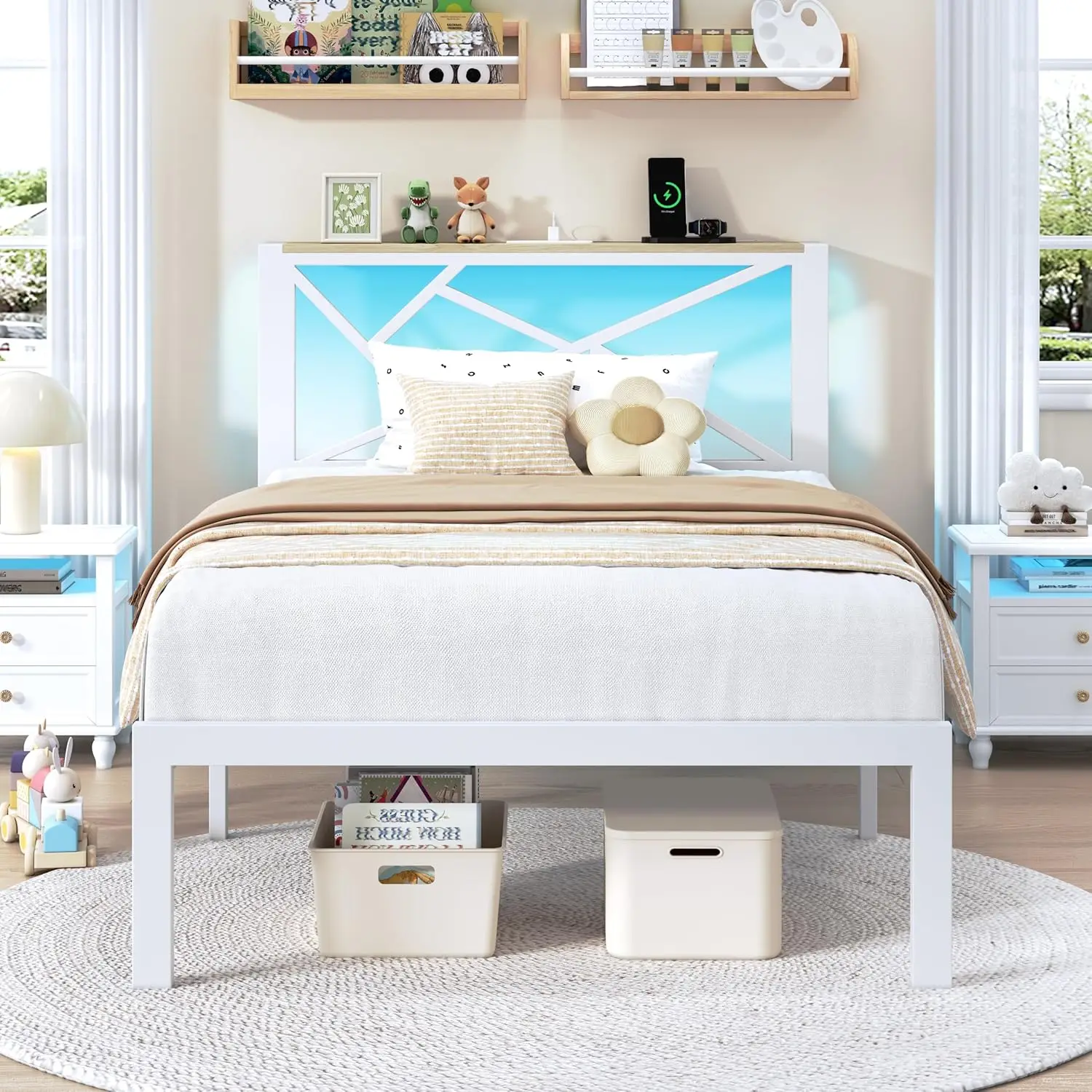 

Metal Bed Frame with LED Lights, Storage Headboard with Charging Station,Platform Bed with Heavy Duty Supports,Customized