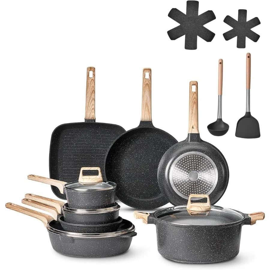 

19 Piece Pots and Pans Set Granite Nonstick Cookware Set Induction Cookwares Kitchen RV Cooking Sets with Frying Sauce Saute Te