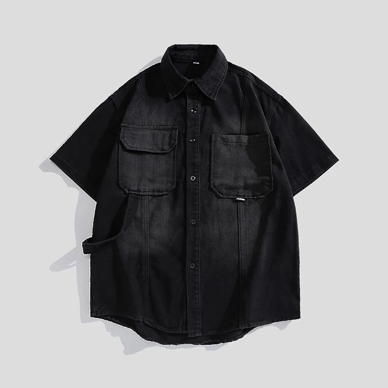 

Мужская джинсовая рубашка с коротким рукавом, летние новые американские ретро повседневные свободные красивые однотонные пальто с лацканами, модные универсальные топы с карманами