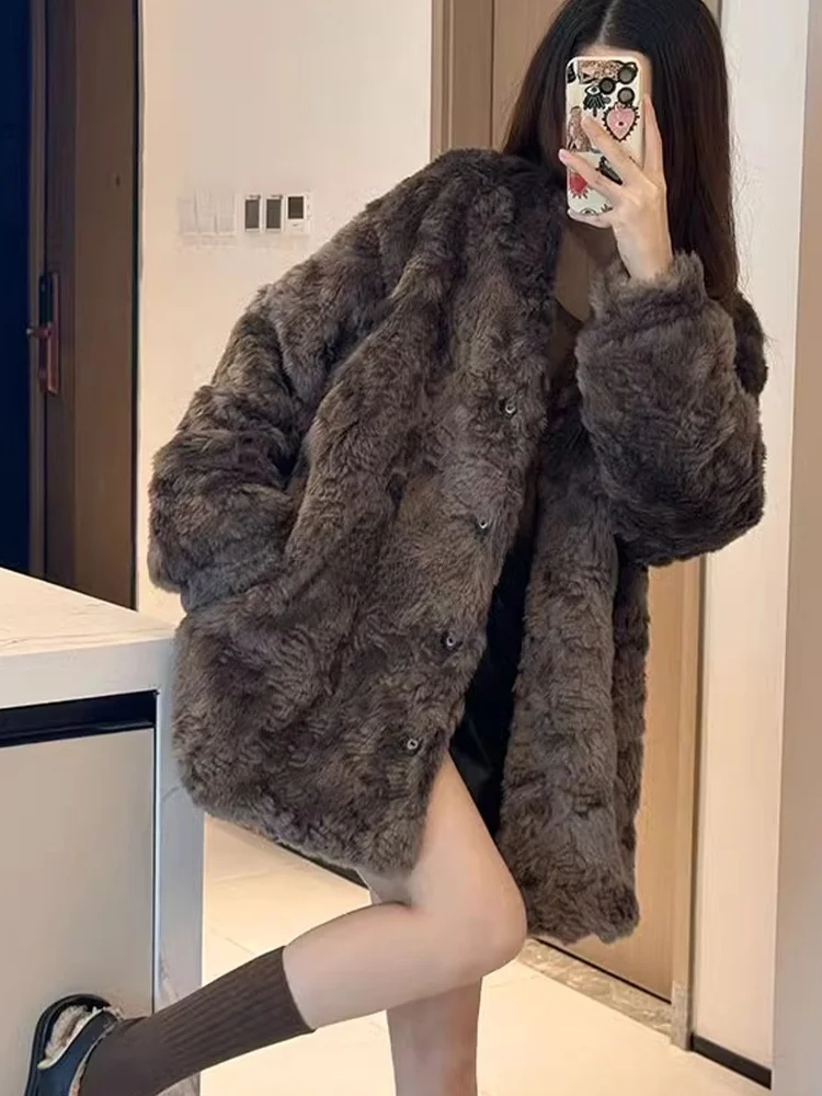 

Модное шерстяное пальто ROUJE KEFSS с V-образным вырезом для женщин, осенне-зимнее, свободного кроя, средней длины, с эффектом стройности, цвет сандалового дерева