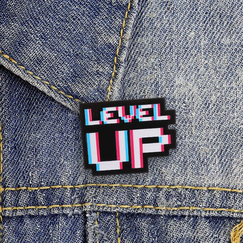 Level Up Pixel Art Glitch Effect Retro Gaming Enamel Badge Gamer Achievement Pin Brooch Jewelry Gifts For Men