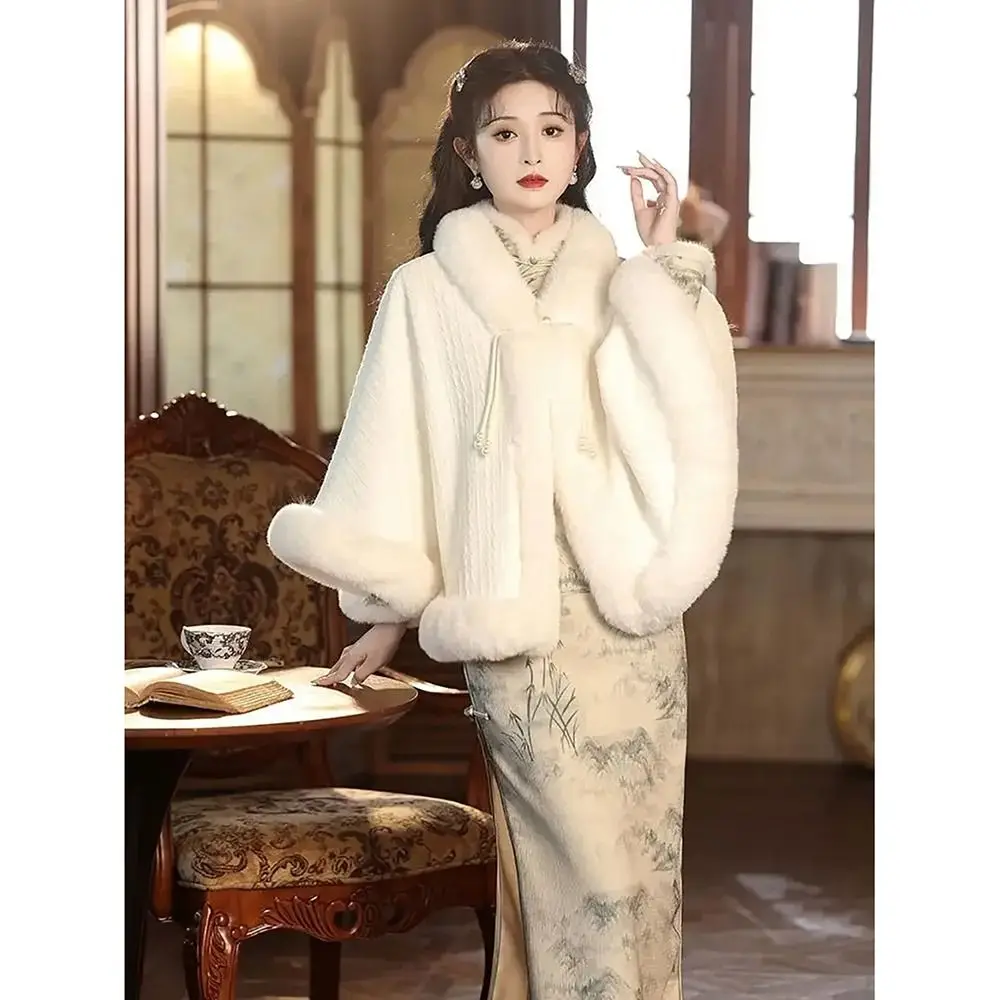 

1 шт., зимнее пальто с интенсивностью флиса, однотонное пальто с v-образным вырезом и меховым воротником, накидка, манлет, шаль «Последние денег»