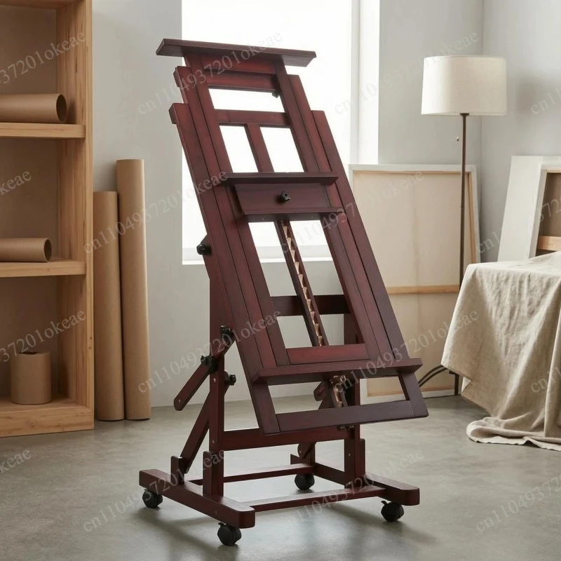 Rolling Studio Easel Horizontal and Vertical Adjustable Large Easel Art Supplies Solid Wood Wheeled for Artists, Gallery Display
