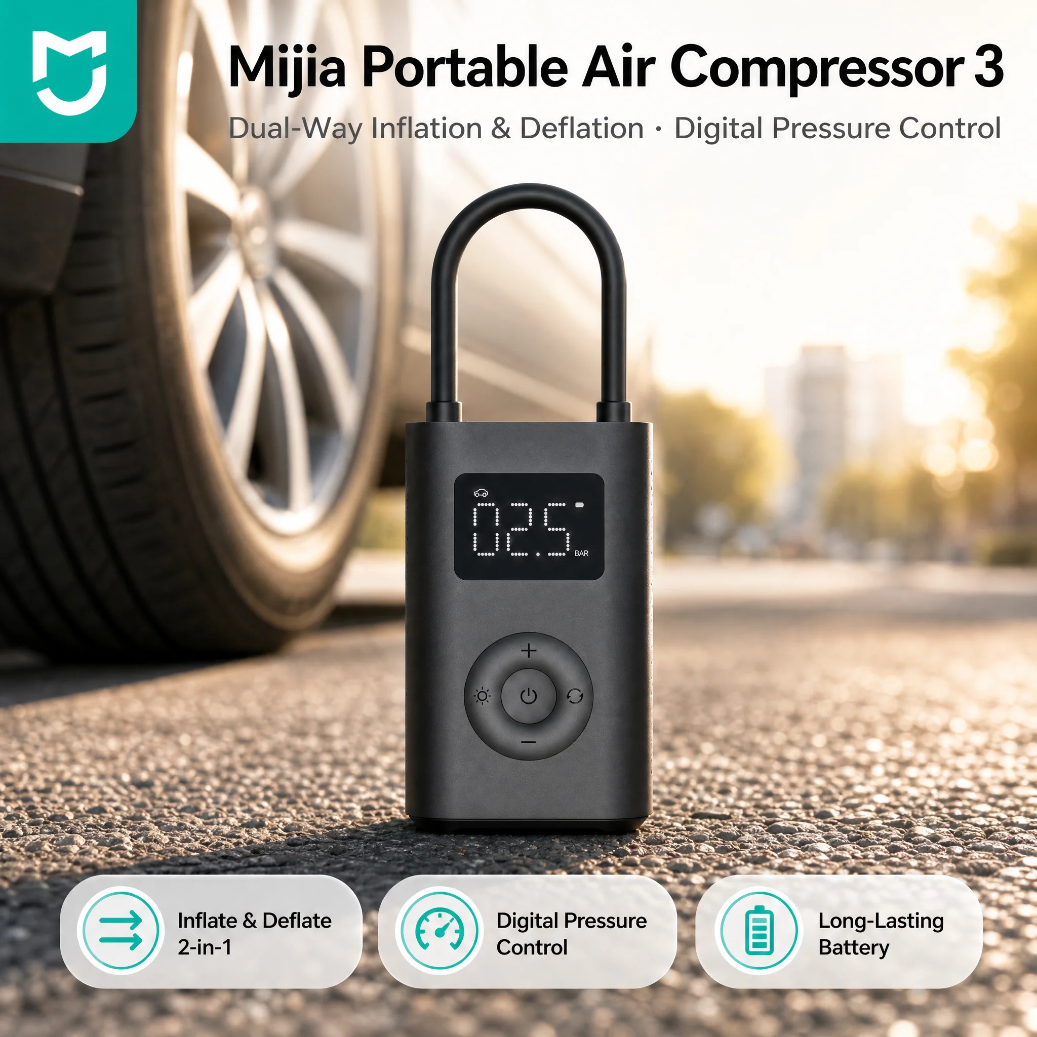 New Mijia Portable Air Pump 3 Electric Tire Inflator Digital Display Auto Stop Air Compressor for Car Bike Motorcycle Ball