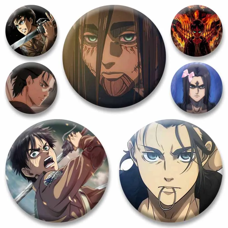 Cartoon Character Eren Y-Yeager Can Badges Round Snap-in Anime Brooch Cartoon Lapel Pins for Backpack Clothes Accessories Gifts