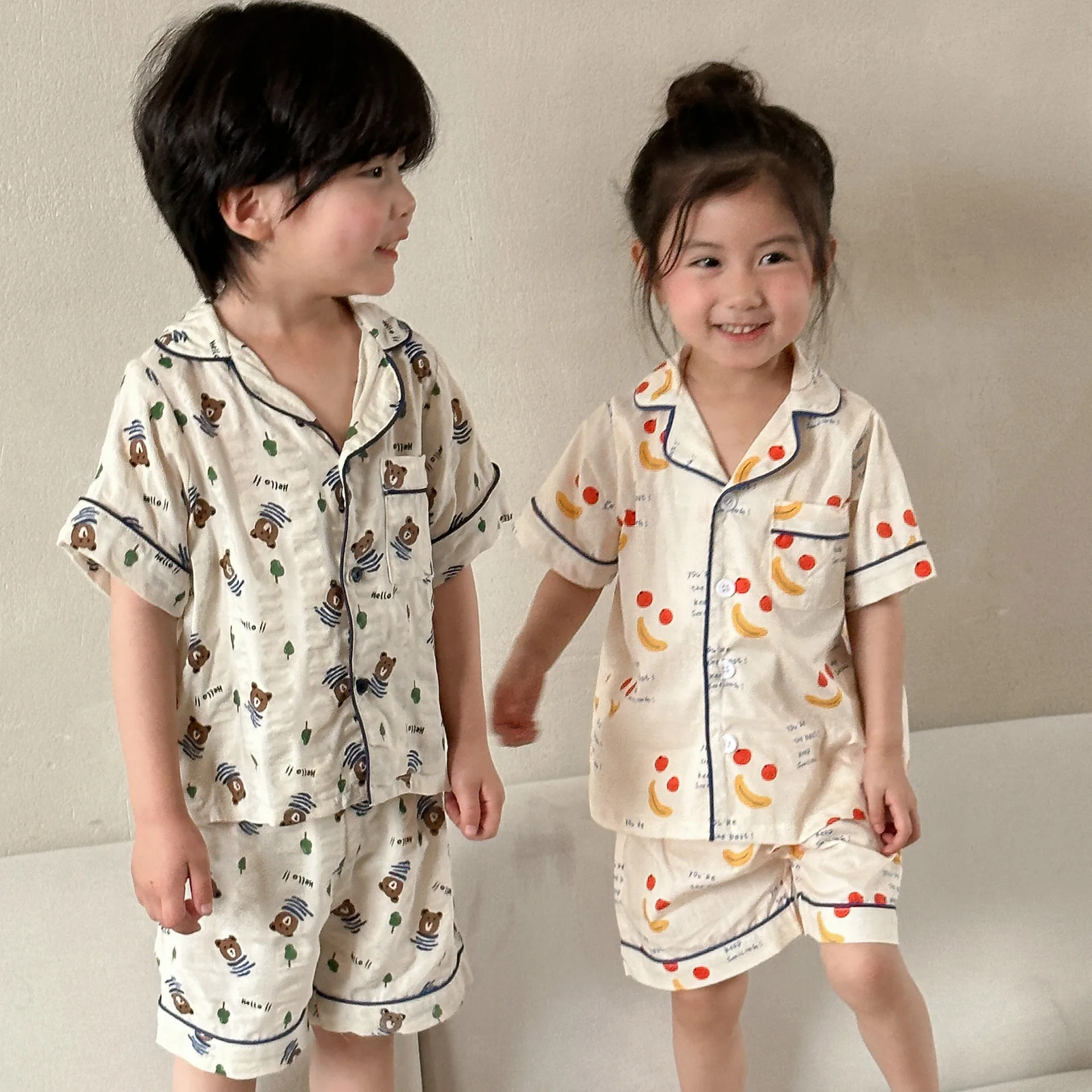

Ins Summer 2025 Children Girls Pajamas Cotton Cartoon Full Printed Polo T-shirts Loose Thin Shorts Suit Kids Girls Sleepwears