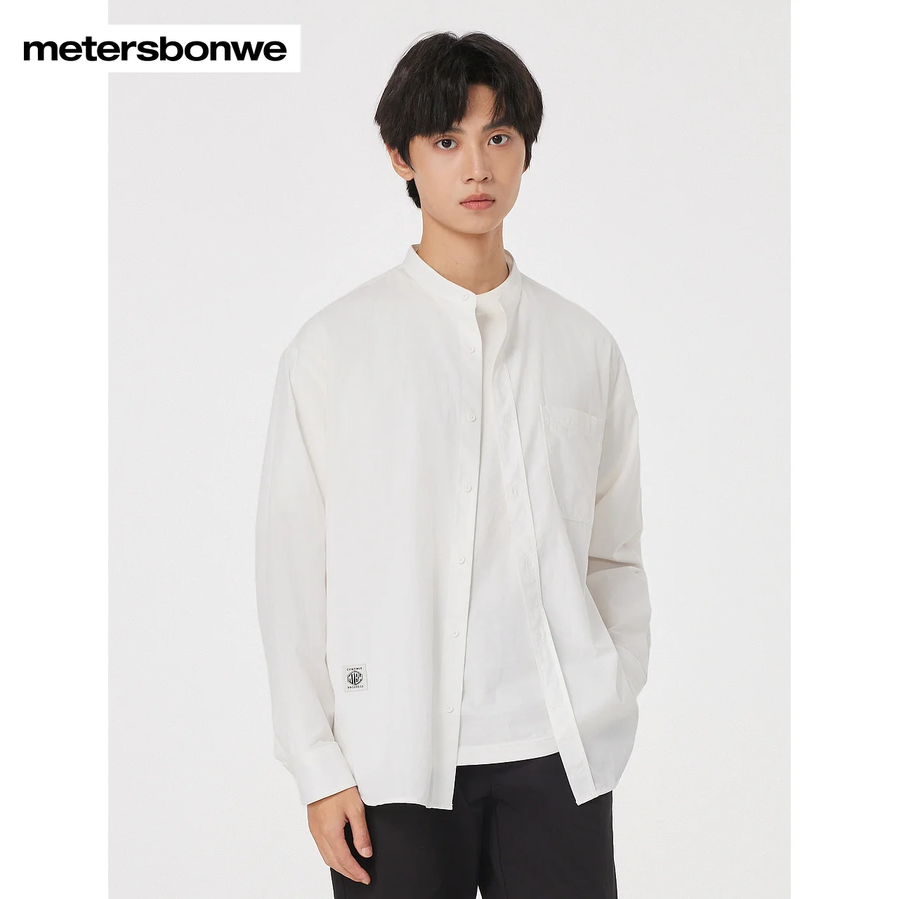 Metersbonwe-Men's New 100%Cotton Long Sleeve Shirt Solid Color Stand Collar Loose Shirts Commuter Chinese Style Four Seasons