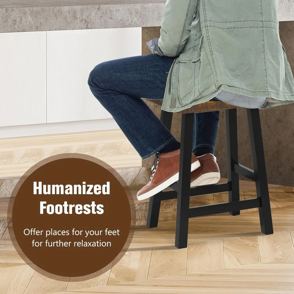 مجموعة مقاعد البار مكونة من 2، 24 مقعد سرج بارتفاع عداد، وكراسي تناول الطعام مع إطار خشبي مطاطي ومسند للقدمين، وقضبان بدون ظهر