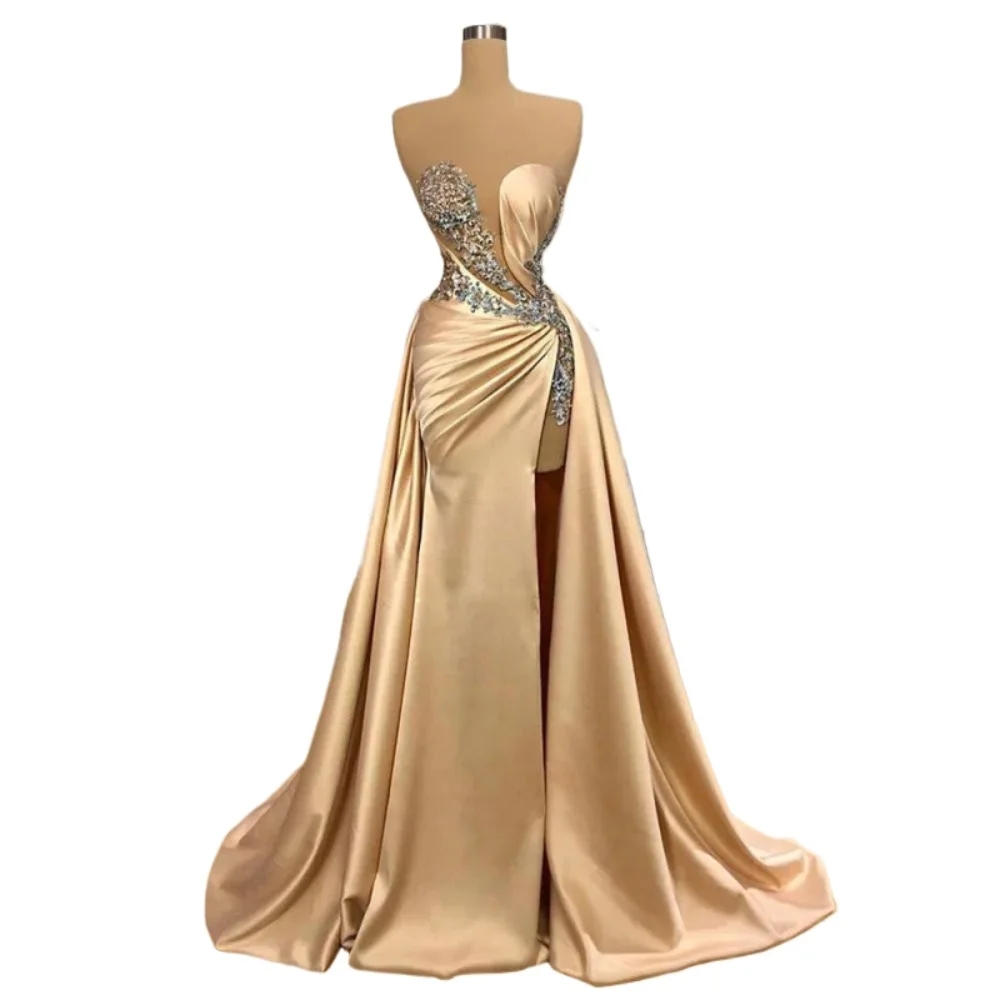 Champagne Gold Evening Dresses Sexy Mermaid Prom Gown Applique Beading High Split Satin Party Gowns