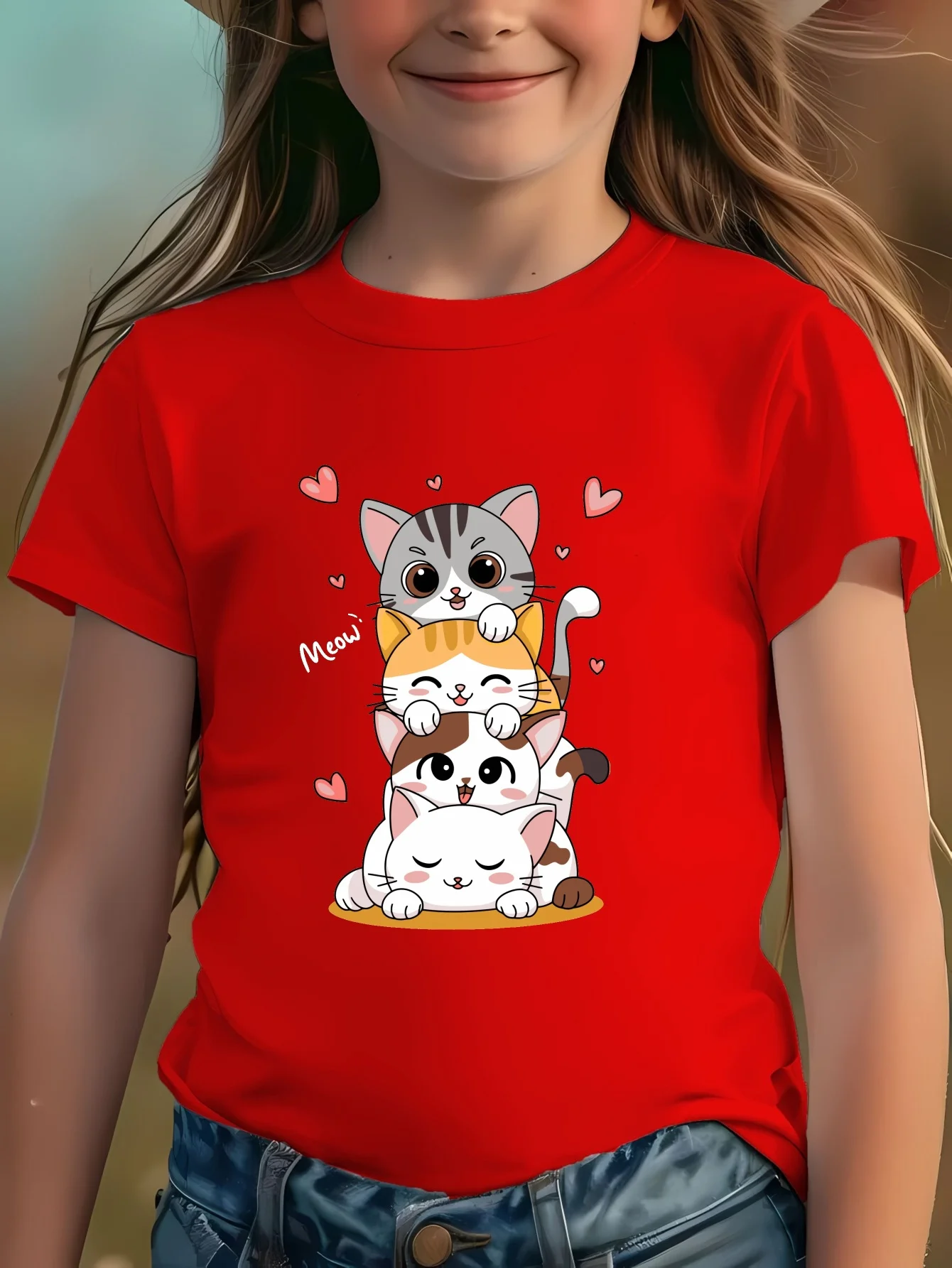 Girl's Cat with Heart-shaped Pattern Cotton T-shirt Summer Top 