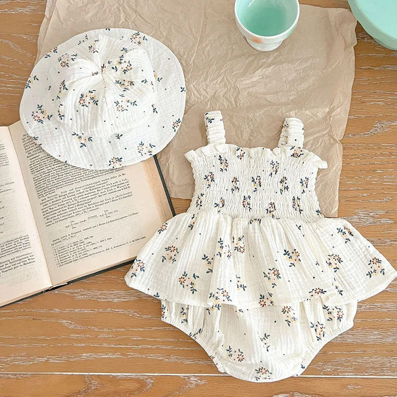 2024 New Summer Toddler Baby Girls Jumpsuit+Hat Sleeveless Cotton Floral Printing Newborn Baby Girl Romper Children Clothing