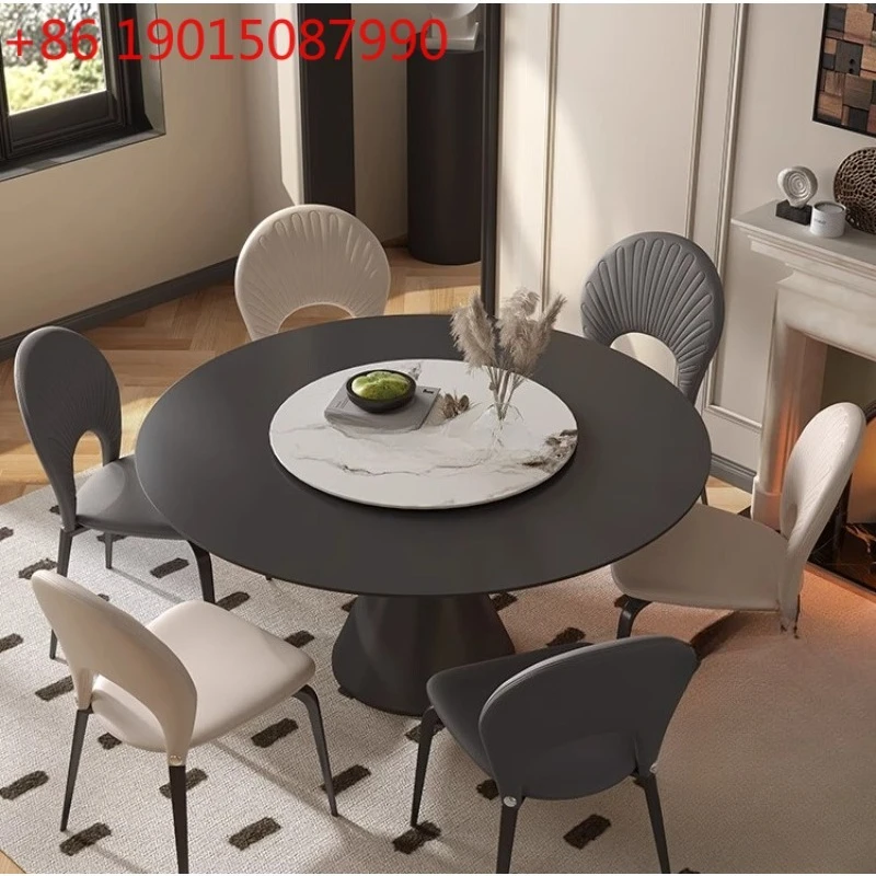 Italian dining table and chairs Modern simple small apartment with turntable Light luxury matte rock slab dining table