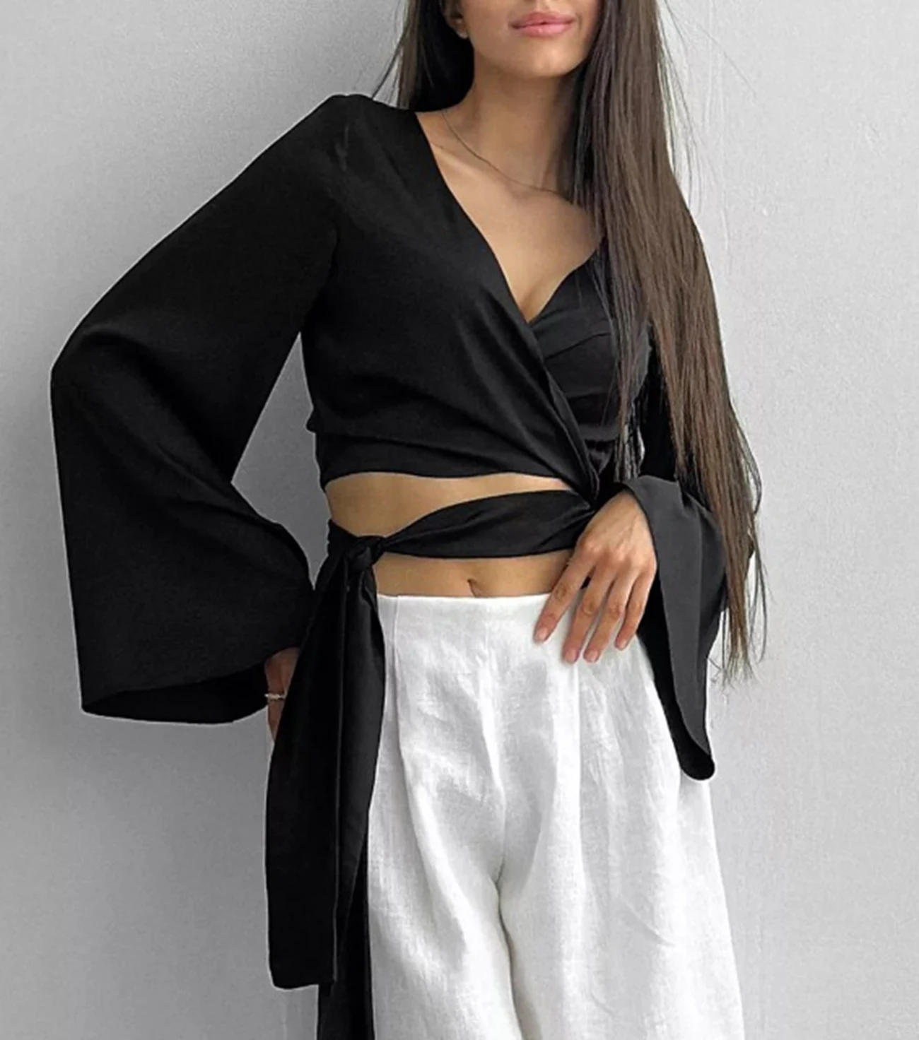 

WXOY Women's Lantern Long Sleeve Wrap Ruched Bow Tie Blouse Sweetheart Neck Satin Going Out Crop Tops for Spring Office Formal