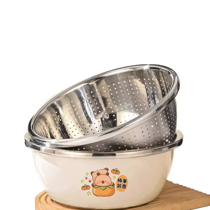 Food Grade Thickened Stainless Steel Vegetable Wash Basin Kitchen Household Baking Bowl Fruit Rinse Drain Basket